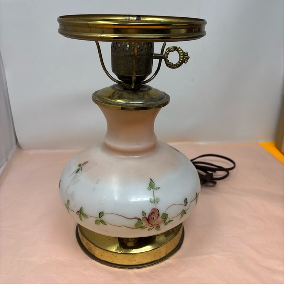 Other - Vintage Floral White Glass Table Lamp with Pink Rose Detail • no top • works